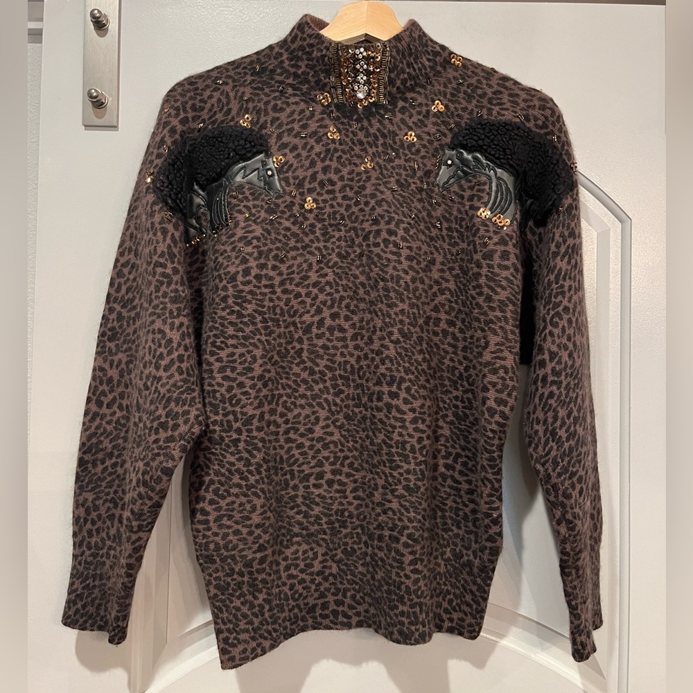 Vintage leopard dolman sleeve demonic hedgehog beaded turtleneck sweater. GUC!